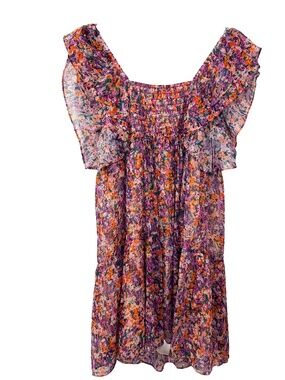 Lavender Brown Midi Dress Purple Orange Pink Floral w/ Gold Accents Off Shoulder